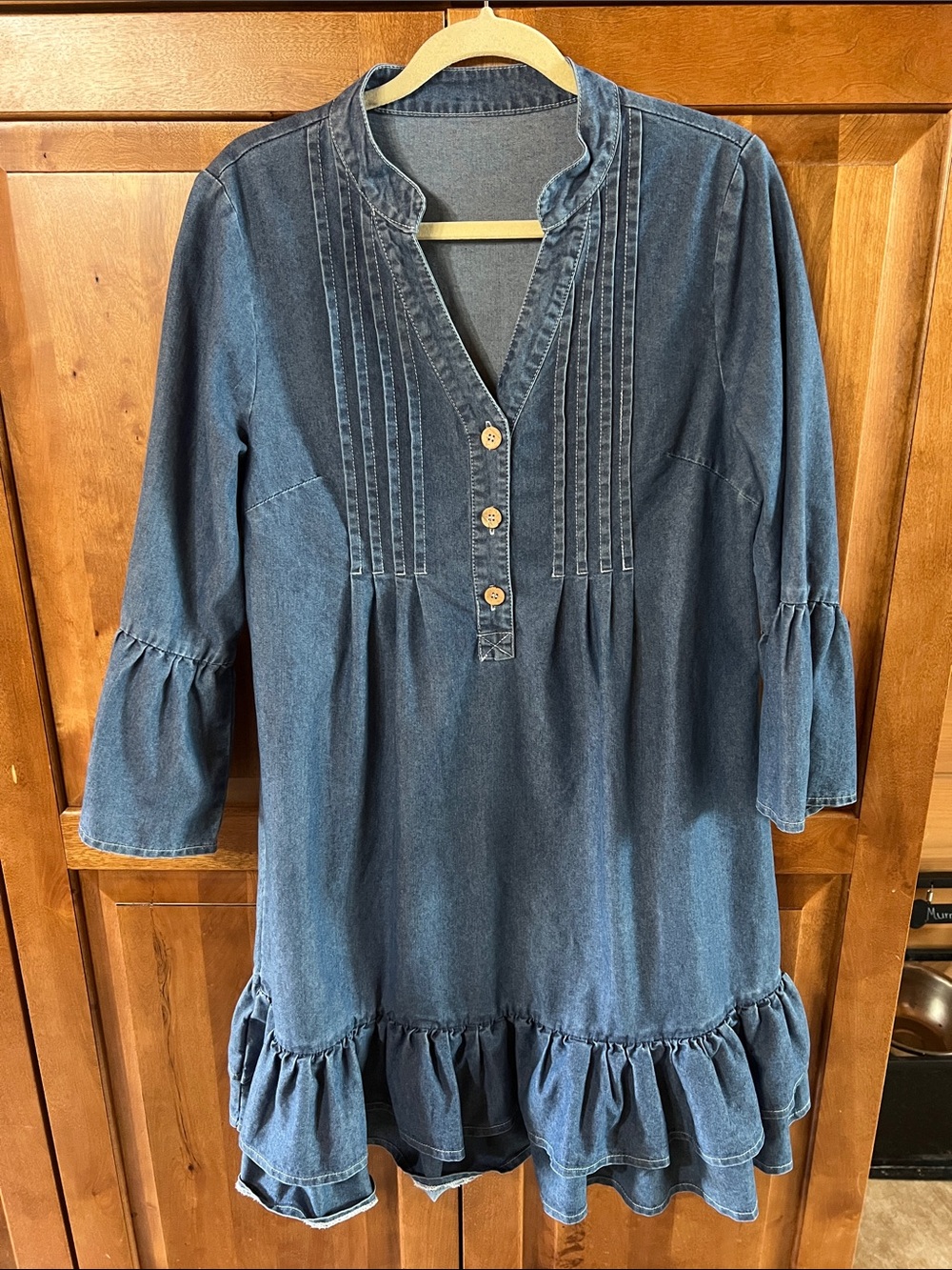 SHEIN Denim Blue Pintuck Ruffle-Hem Tunic Dress